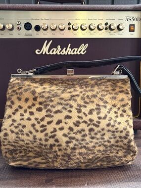 Leopard Print Faux Fur Satchel with Black Handle